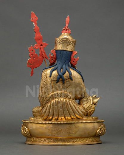 Guru Rinpoche Statue back view, detailed Nepalese artisan craftsmanship, fire-gilded copper with traditional Tantric Vajra Master design