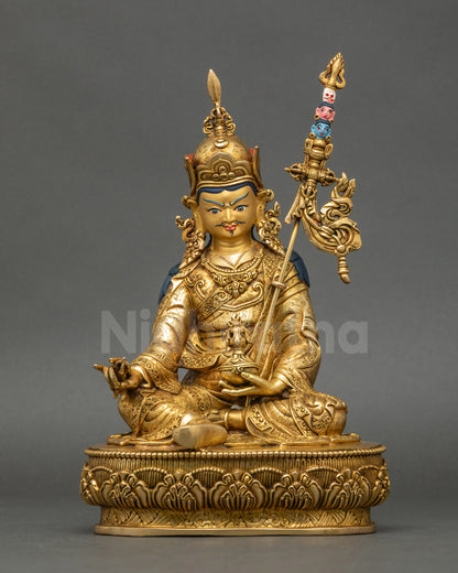 Guru Rinpoche Statue full view, handcrafted Himalayan Tantric Vajra Master with fire-gilded gold, copper lost-wax Nepalese sculpture