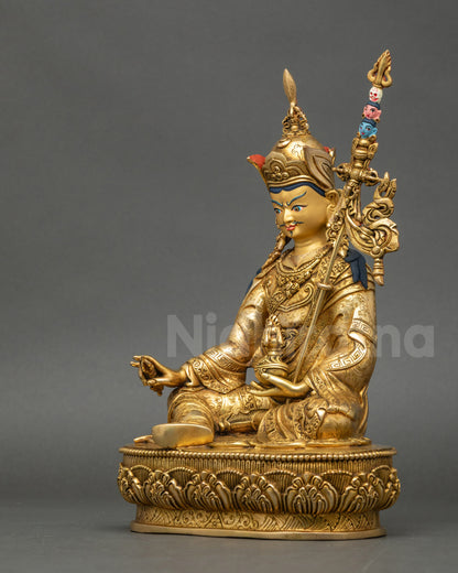 Guru Rinpoche Statue left view side, Himalayan Padmasambhava figure, gold-gilded copper with sacred Buddhist symbolism