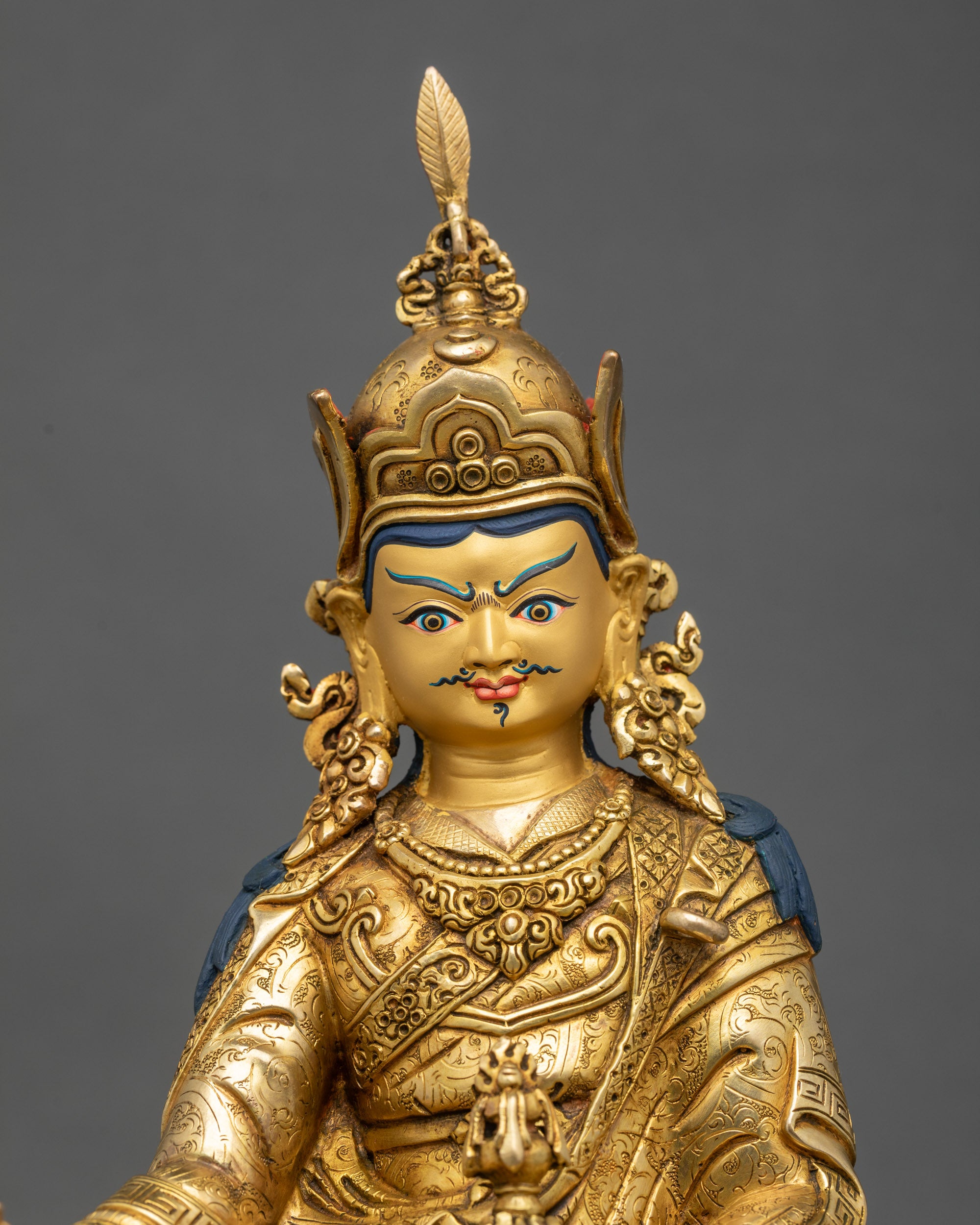 Guru Rinpoche Statue regular close up, detailed Nepalese Buddhist deity sculpture showing Vajra, skull cup, and khatvanga staff