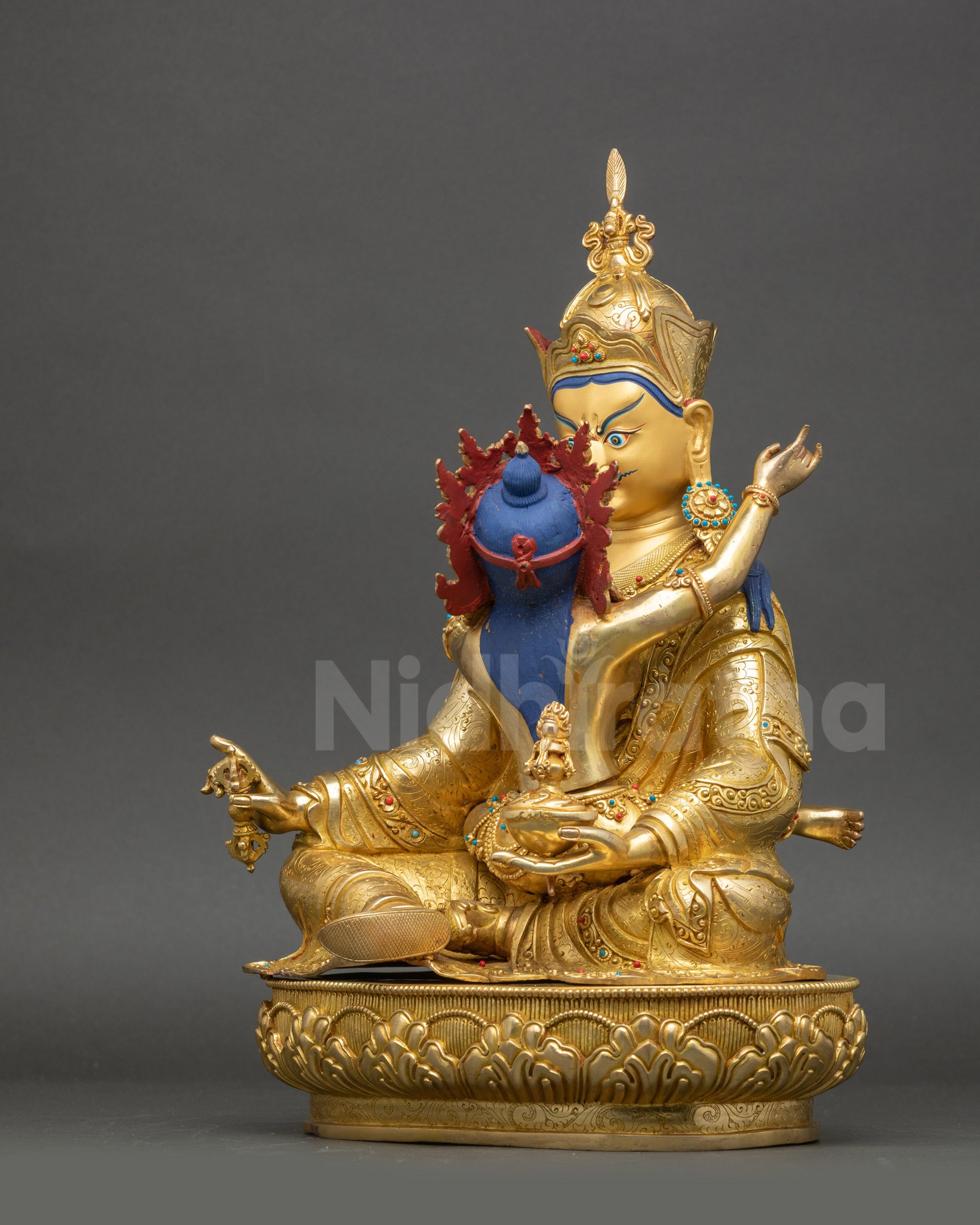 Guru Rinpoche Yab-Yum right side view copper gold Nepalese sculpture