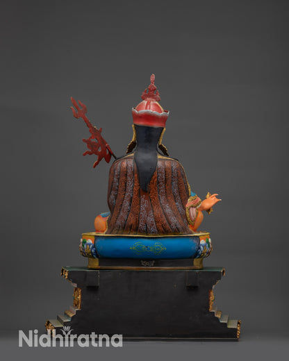 Guru Rinpoche on Lion Throne back view with carvings on robe and semi-precious stone embellishments