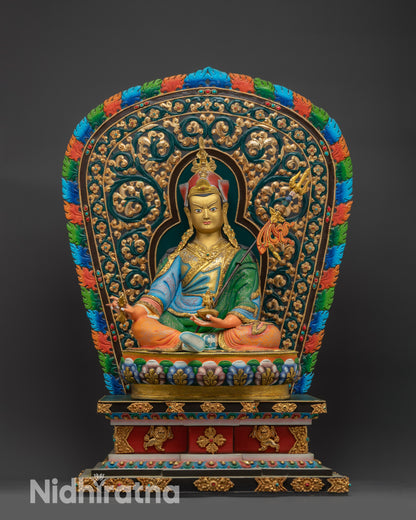 Guru Rinpoche on Lion Throne front view with gold gilding and multi-colored lotus pedestal
