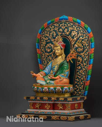 Guru Rinpoche on Lion Throne left side view showing gold-gilded ornaments and throne details