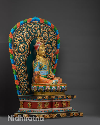 Guru Rinpoche on Lion Throne right side view with copper throne and lion guardians