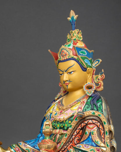 Guru Rinpoche statue detailed side close up showing vajra and kapala