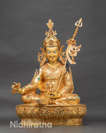 Guru Rinpoche statue full view on lotus throne, 24K gold-gilded bronze, Nepalese art