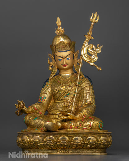 Guru Rinpoche statue gold-gilded copper Padmasambhava Himalayan Buddhist sculpture