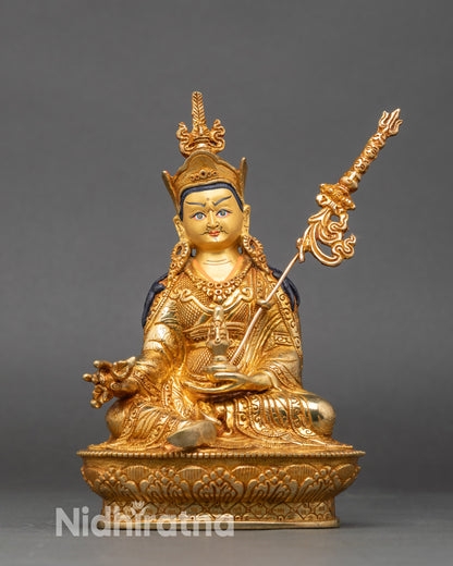 Guru Rinpoche statue, handcrafted Nepalese copper sculpture, gold fire-gilded for altar