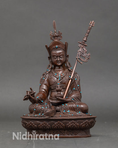 Guru Rinpoche statue handcrafted in Nepal, copper with semi-precious stones, lotus throne