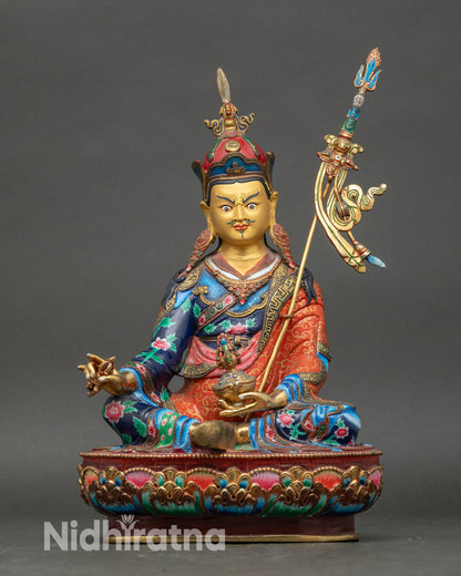 Guru Rinpoche statue handcrafted in Nepal with gold painted face and copper body