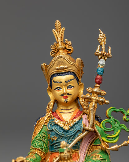 Guru Rinpoche statue’s golden face and acrylic-painted handcrafted look with electroplated copper finish