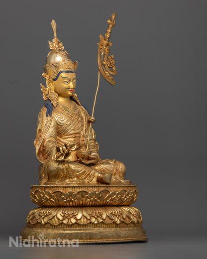 Guru Rinpoche statue’s hand-carved attire and detailed jewelry, made from high-quality copper