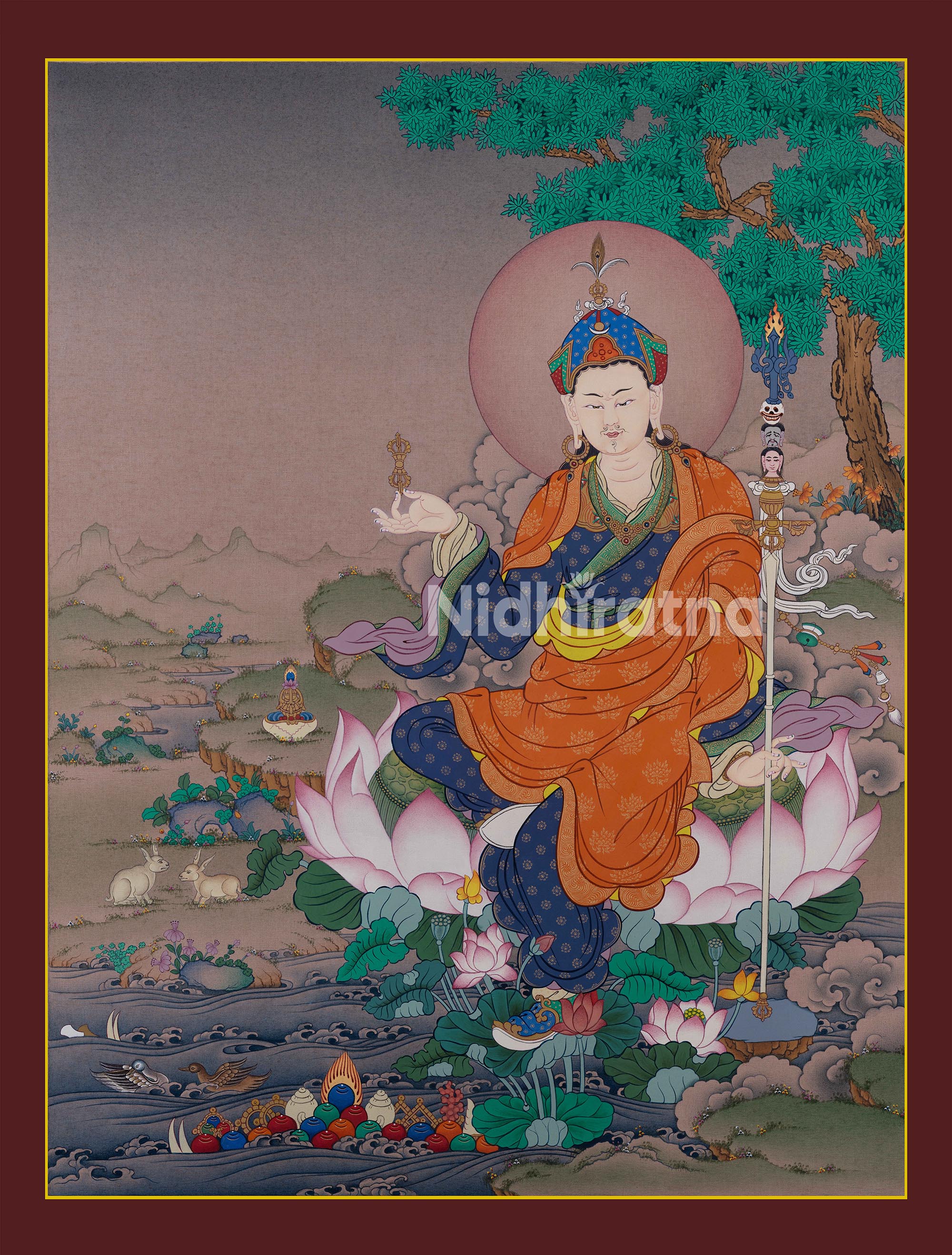 Guru Rinpoche thangka print seated on a lotus, holding a dorje and khatvanga staff in a serene pond.
