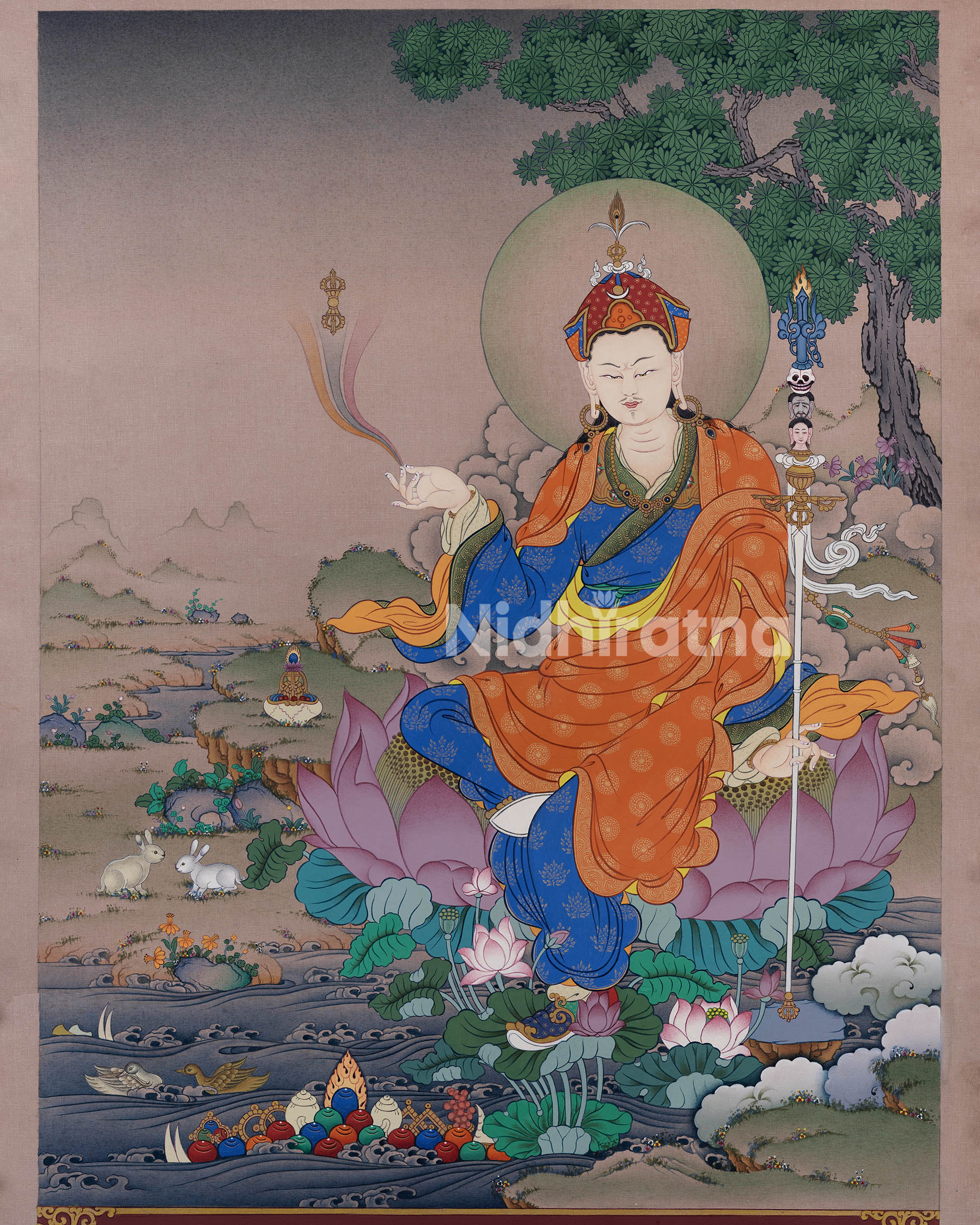 Guru Rinpoche thangka print seated on lotus with vajra and khatvanga.