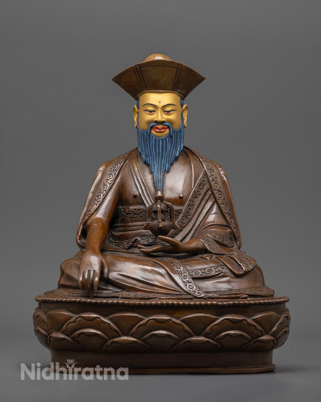 Guru Shapdum Statue with gold-gilded face and oxidized copper body, hand-painted with rich acrylic colors