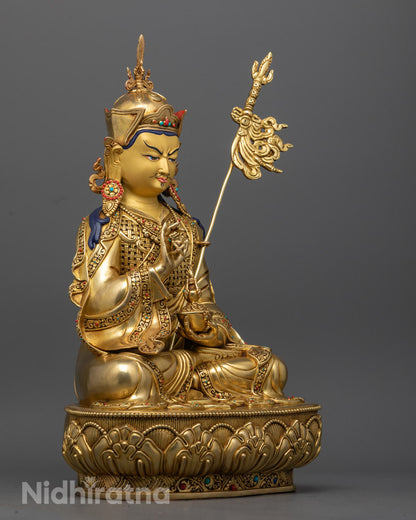 Guru Tsokye Dorje Statue seated on a lotus throne, symbolizing spiritual awakening and protection in Tibetan Buddhism.