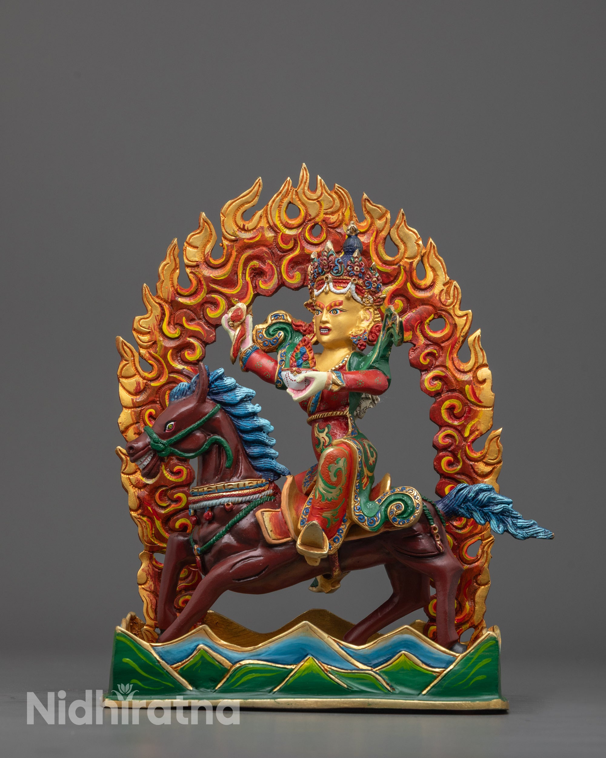Hand-Carved Achi Chokyi Drolma Statue Seated on a Horse with 24k Gold Face