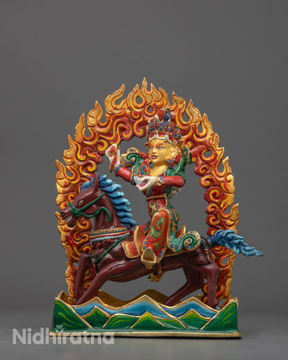 Hand-Carved Achi Chokyi Drolma Statue Seated on a Horse with 24k Gold Face