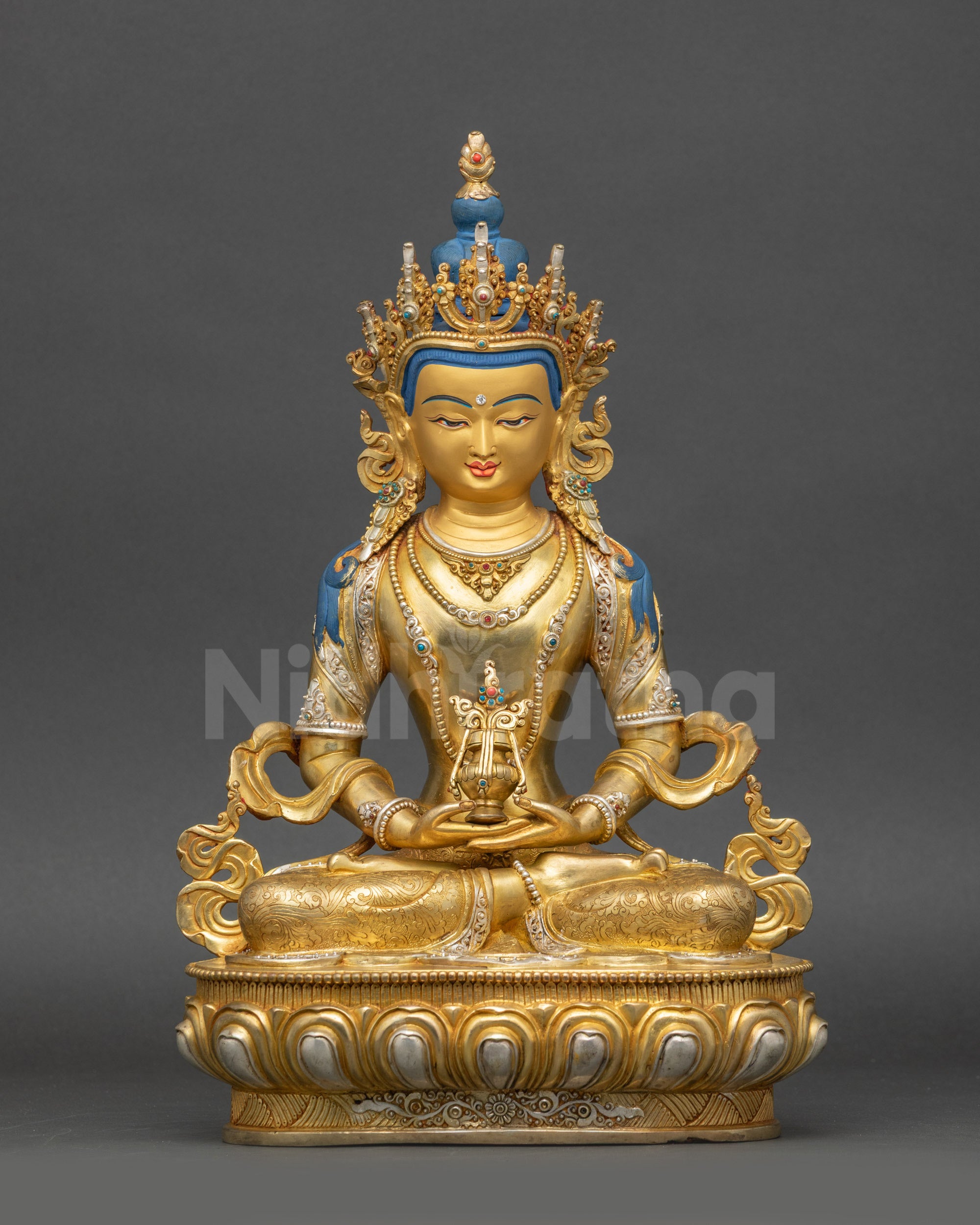 Hand-Carved Amitayus Statue Gold Fire-Gilded with Silver-Plated Ornaments Front