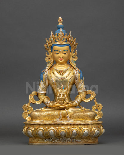 Hand-Carved Amitayus Statue Gold Fire-Gilded with Silver-Plated Ornaments Front