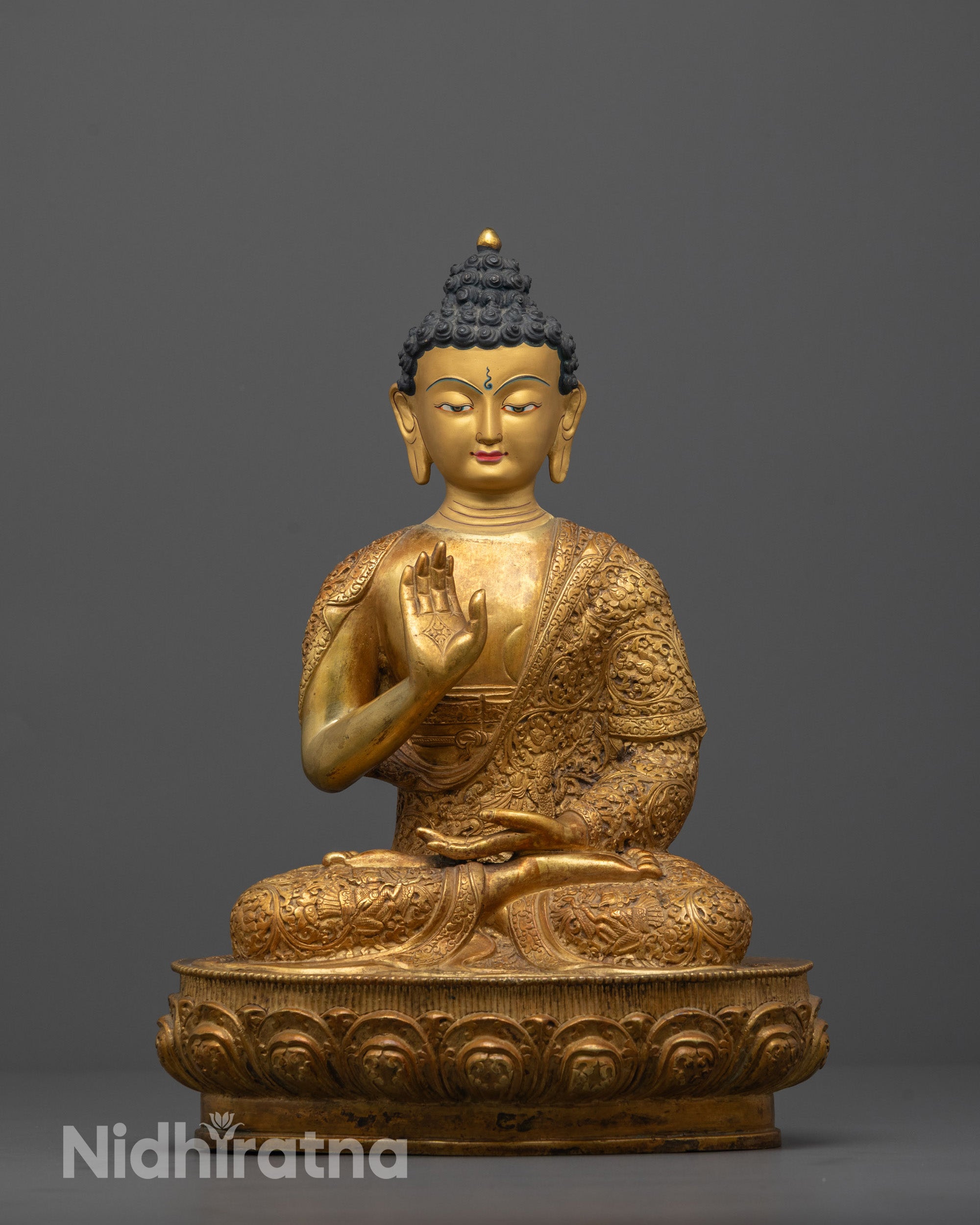 Hand-Carved Amoghasiddhi Buddha Statue from Nepal with 24k Fire Gold Gilding