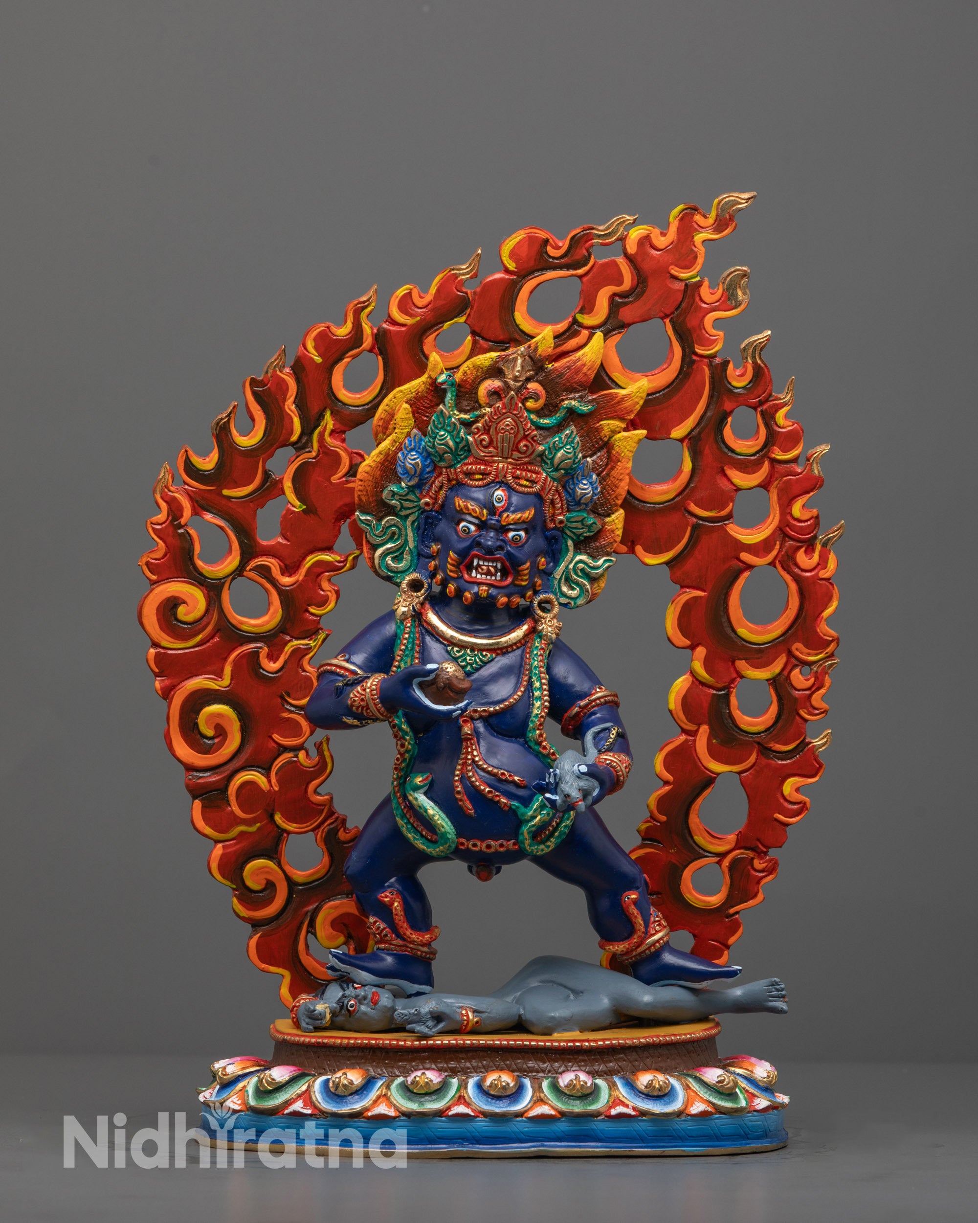 Hand-Carved Black Dzambhala Statue from Nepal with Dark Blue Finish