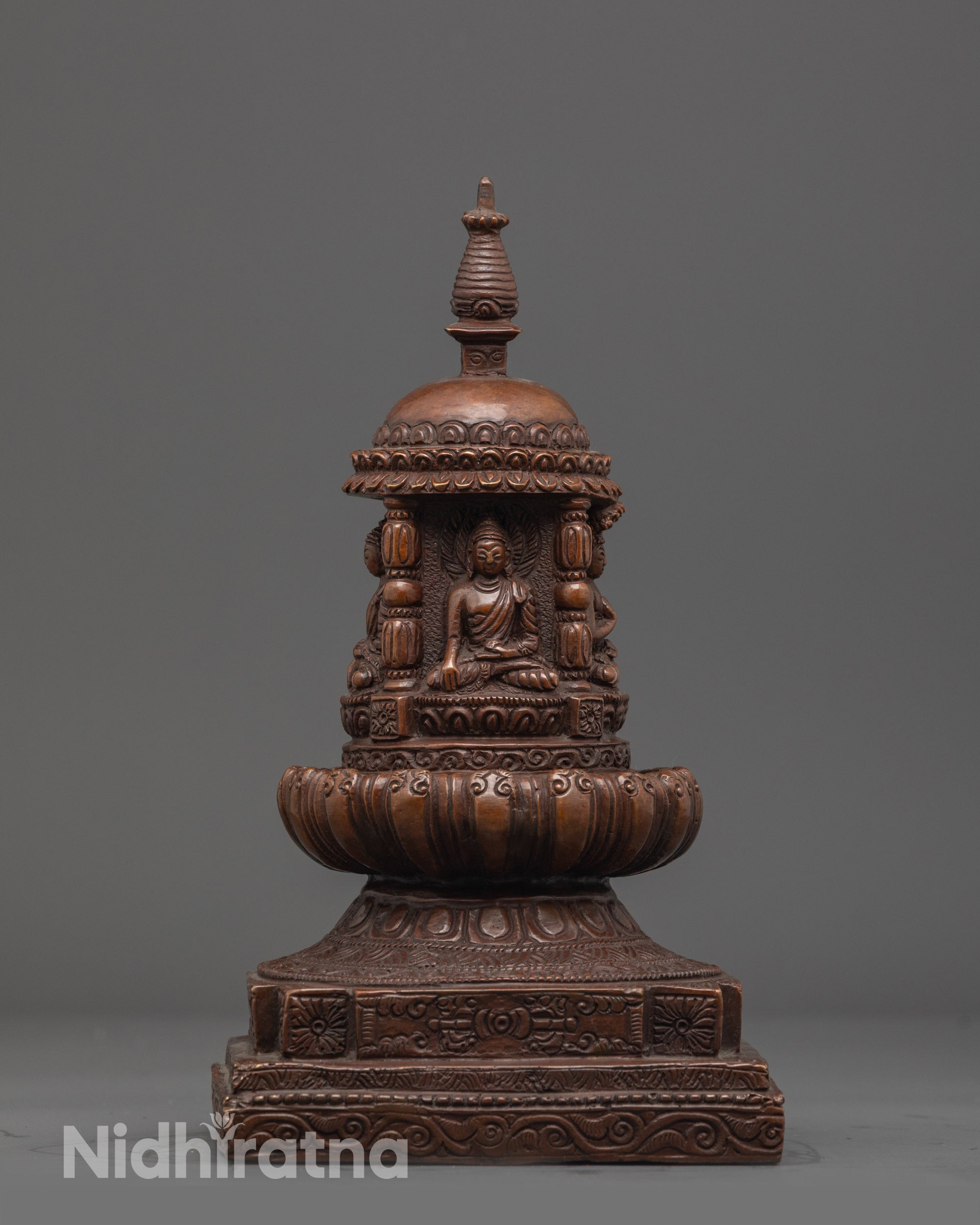 Hand-Carved Buddhist Buddha Stupa | Oxidized Copper Buddhist Altar