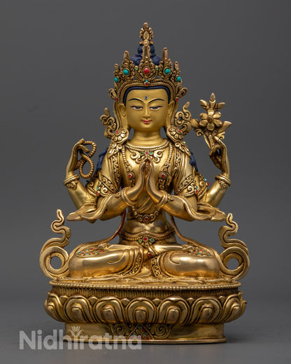Hand-Carved Chenrezig Statue in 24K Gold Gilded Copper 