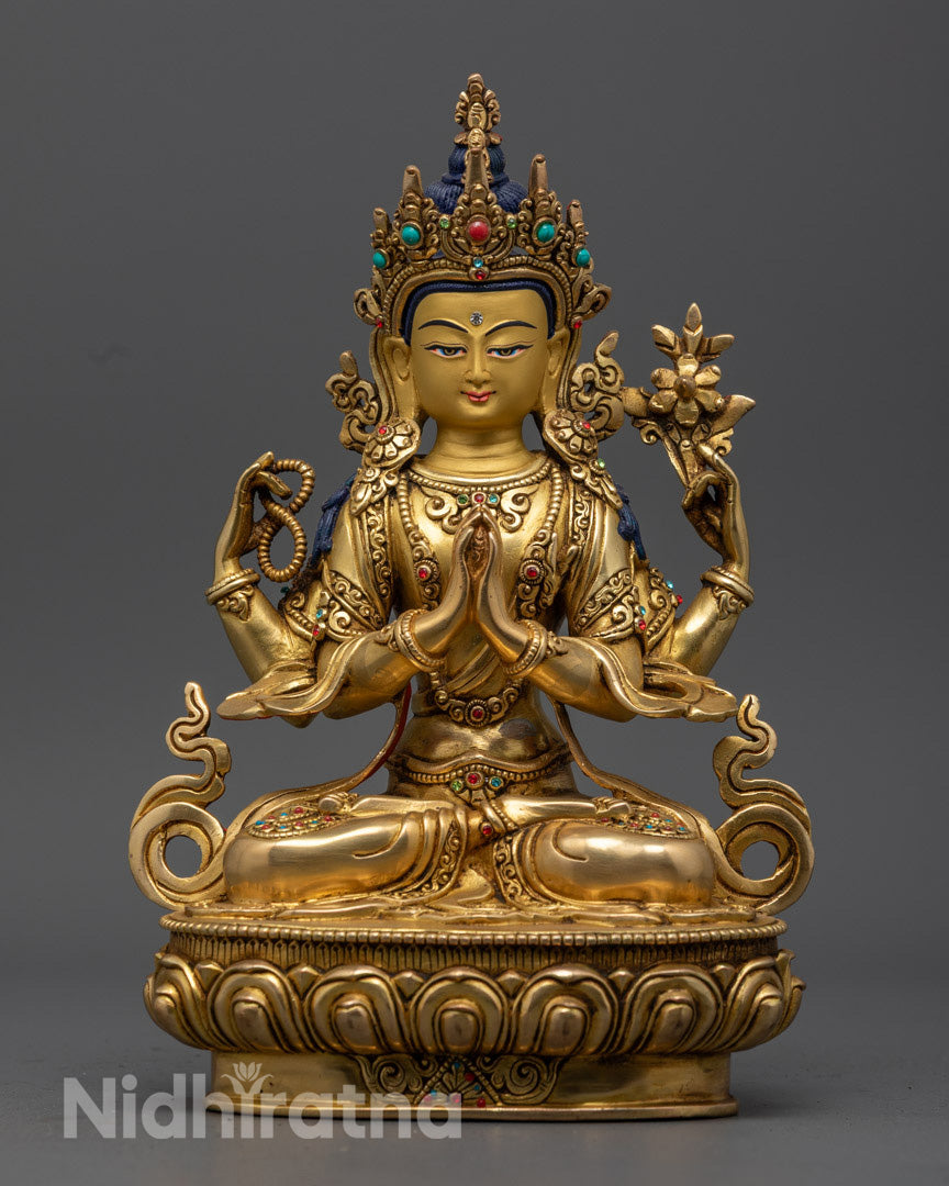 Hand-Carved Chenrezig Statue in 24K Gold Gilded Copper 