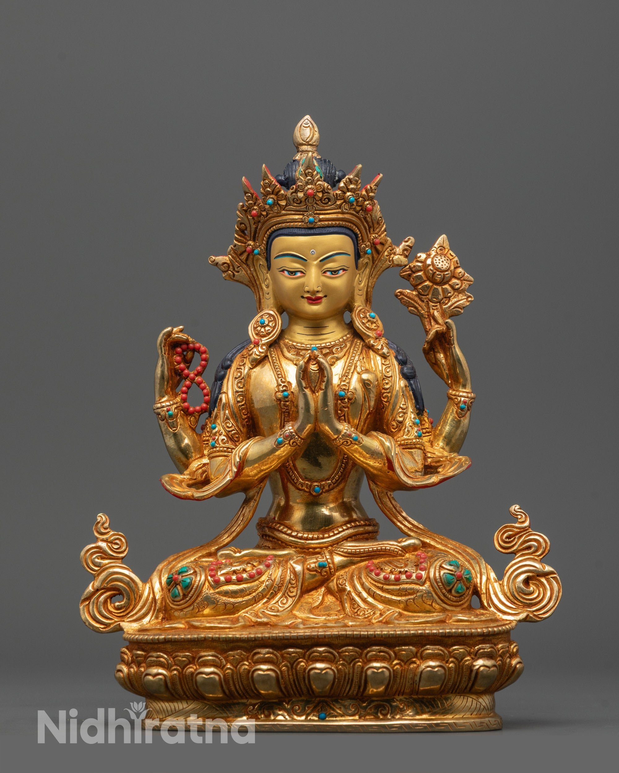 Hand-Carved Chenrezig with Consort Statue on Lotus Base Holding Sacred Symbols
