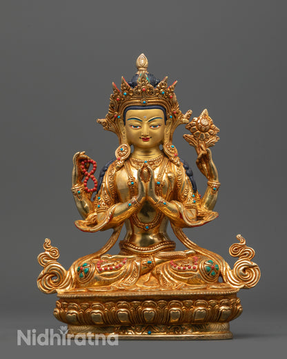 Hand-Carved Chenrezig with Consort Statue on Lotus Base Holding Sacred Symbols