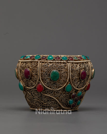 Hand-Carved Crock Ricepot Decorated with Semi-Precious Stones