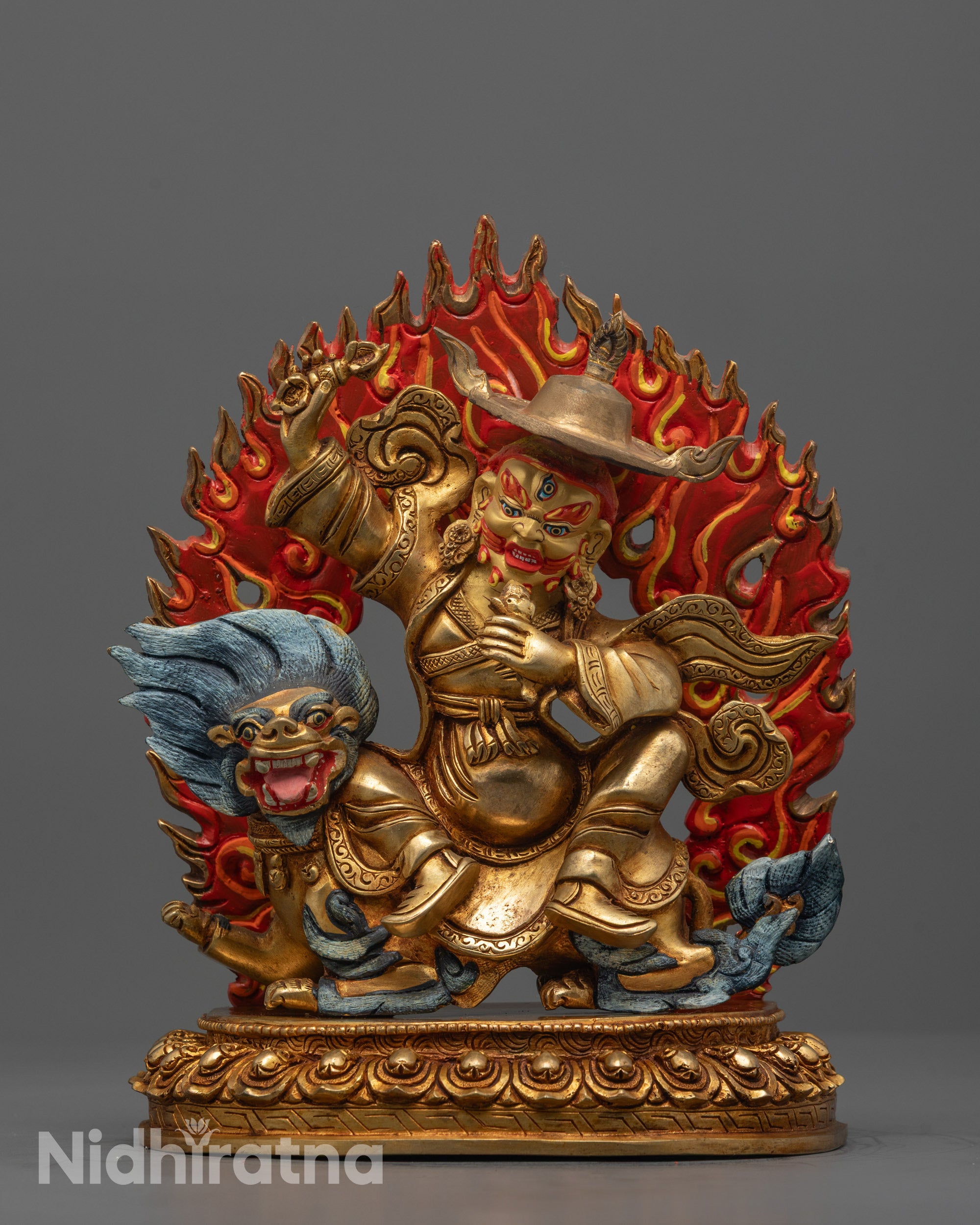 Hand-Carved Dorje Legpa Statue Seated on Snow Lion with Vajra 