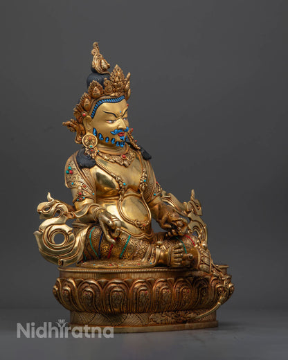 Hand-Carved Dzambhala Statue – 24K Gold-Plated Face, Prosperity, and Auspicious Mantras