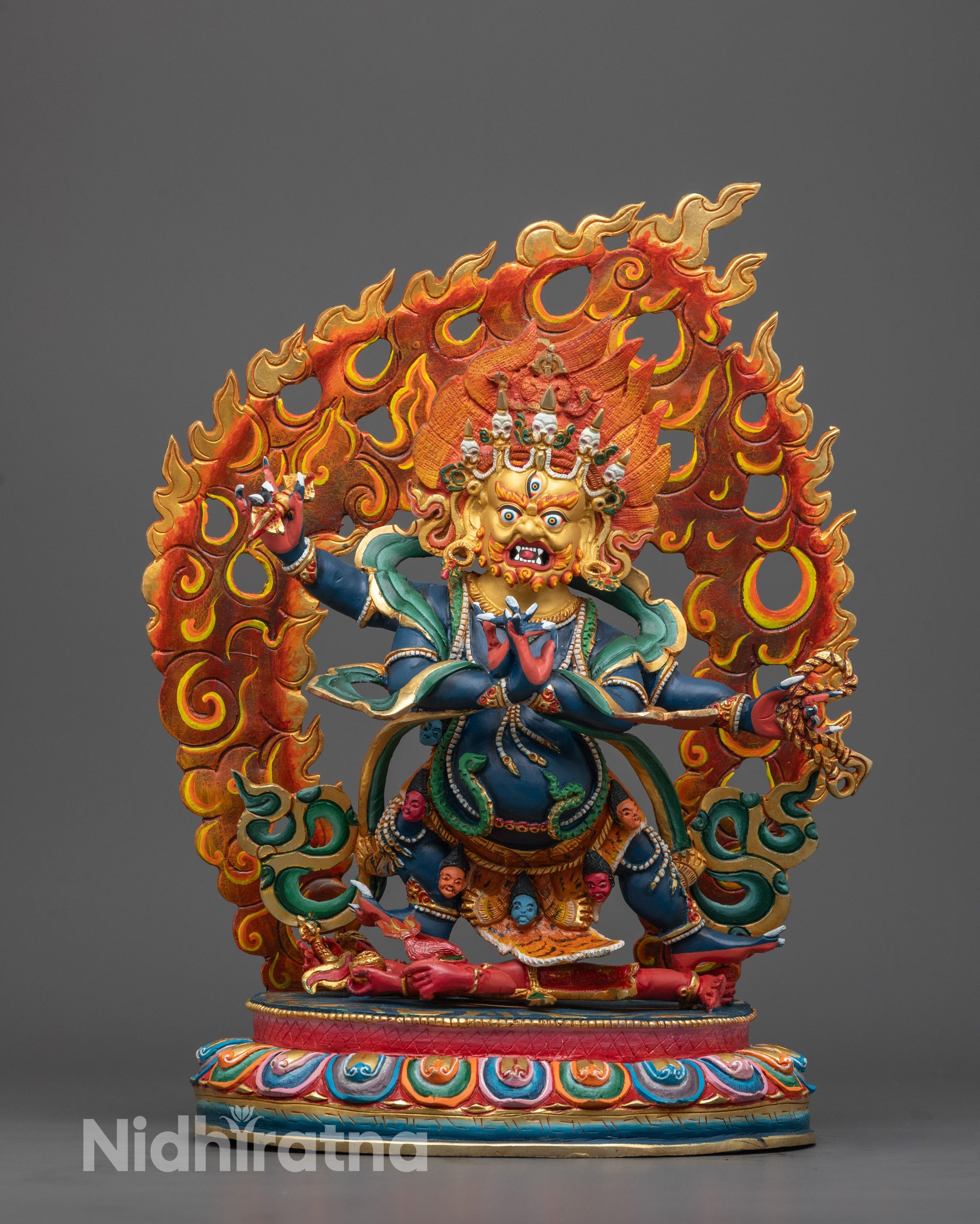 Hand-Carved Four-Armed Vajrapani Sculpture with 24k Gold Gilded Fac
