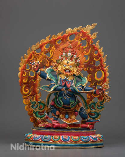 Hand-Carved Four-Armed Vajrapani Sculpture with 24k Gold Gilded Fac