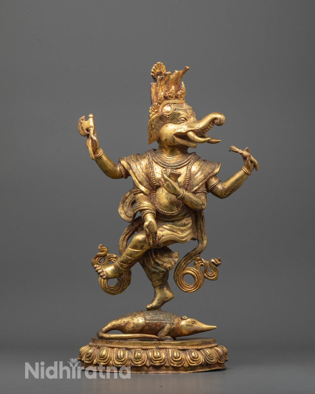 Hand-Carved Ganesha Statue with 24k Gold Gilded Face Standing on Lotus Seat