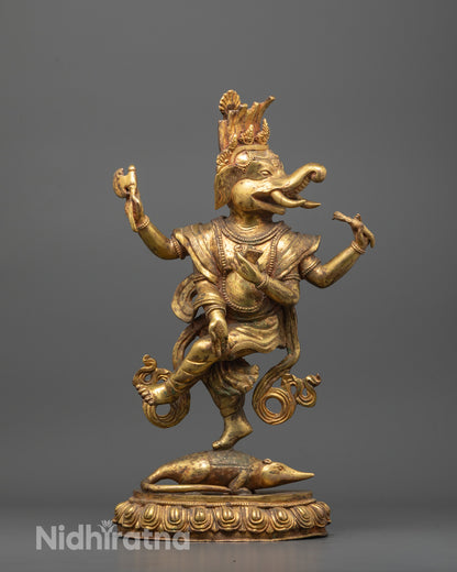 Hand-Carved Ganesha Statue with 24k Gold Gilded Face Standing on Lotus Seat