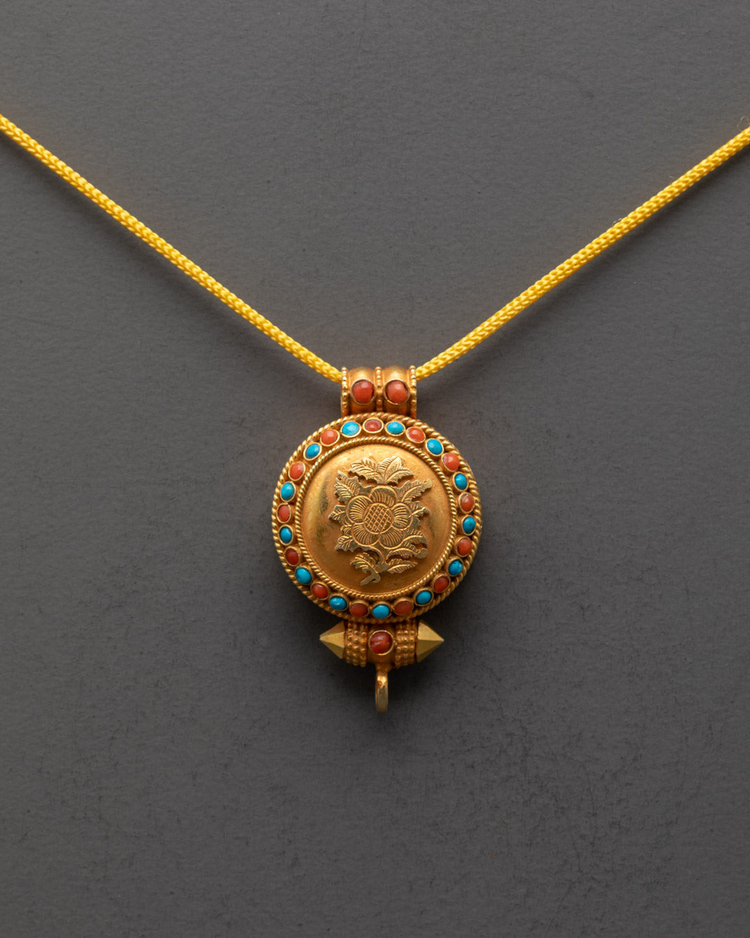 Hand-Carved Gold-Plated Lotus Locket with Turquoise and Coral