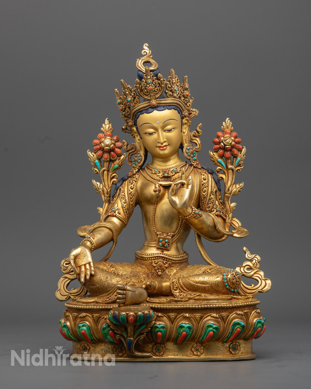 Hand-Carved Green Tara Statue | 24K Gold-Plated Buddhist Deity
