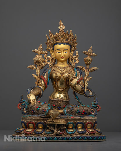 Hand-Carved Green Tara Statue with 24k Fire-Gilded Gold and Semi-Precious Stones