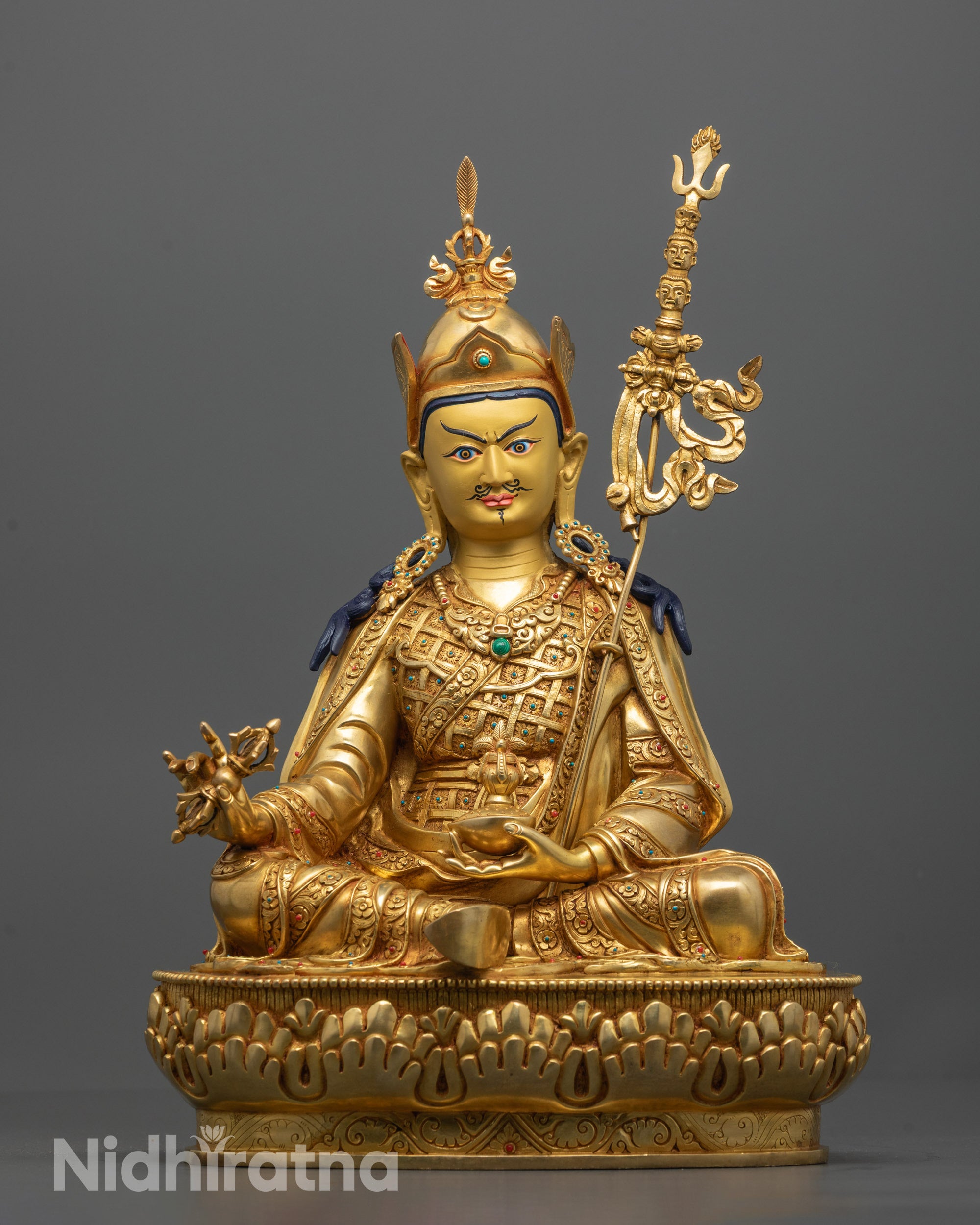 Hand-Carved Guru Rinpoche Statue Seated on Lotus Base with Vajra in Hand