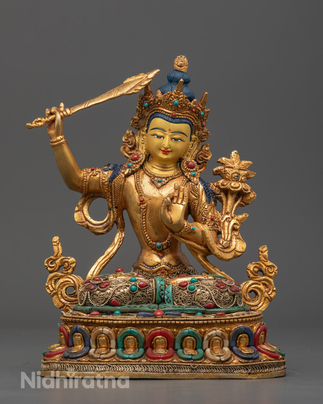 Hand-Carved Manjushri Bodhisattva Statue Adorned with Semi-Precious Stones and Acrylic Paint
