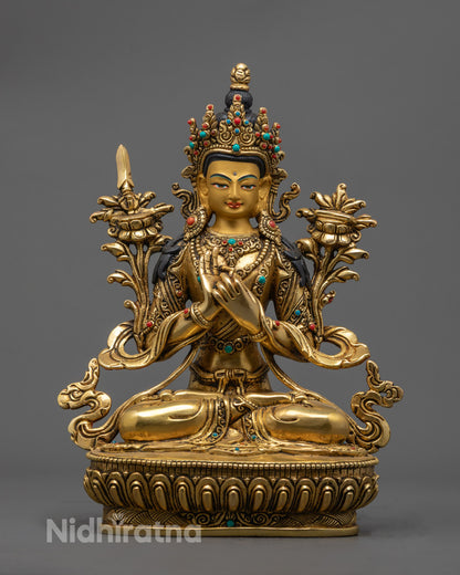 Hand-Carved Manjushri Statue with 24k Gold Gilding and Acrylic Colors – Tibetan Bodhisattva of Wisdom