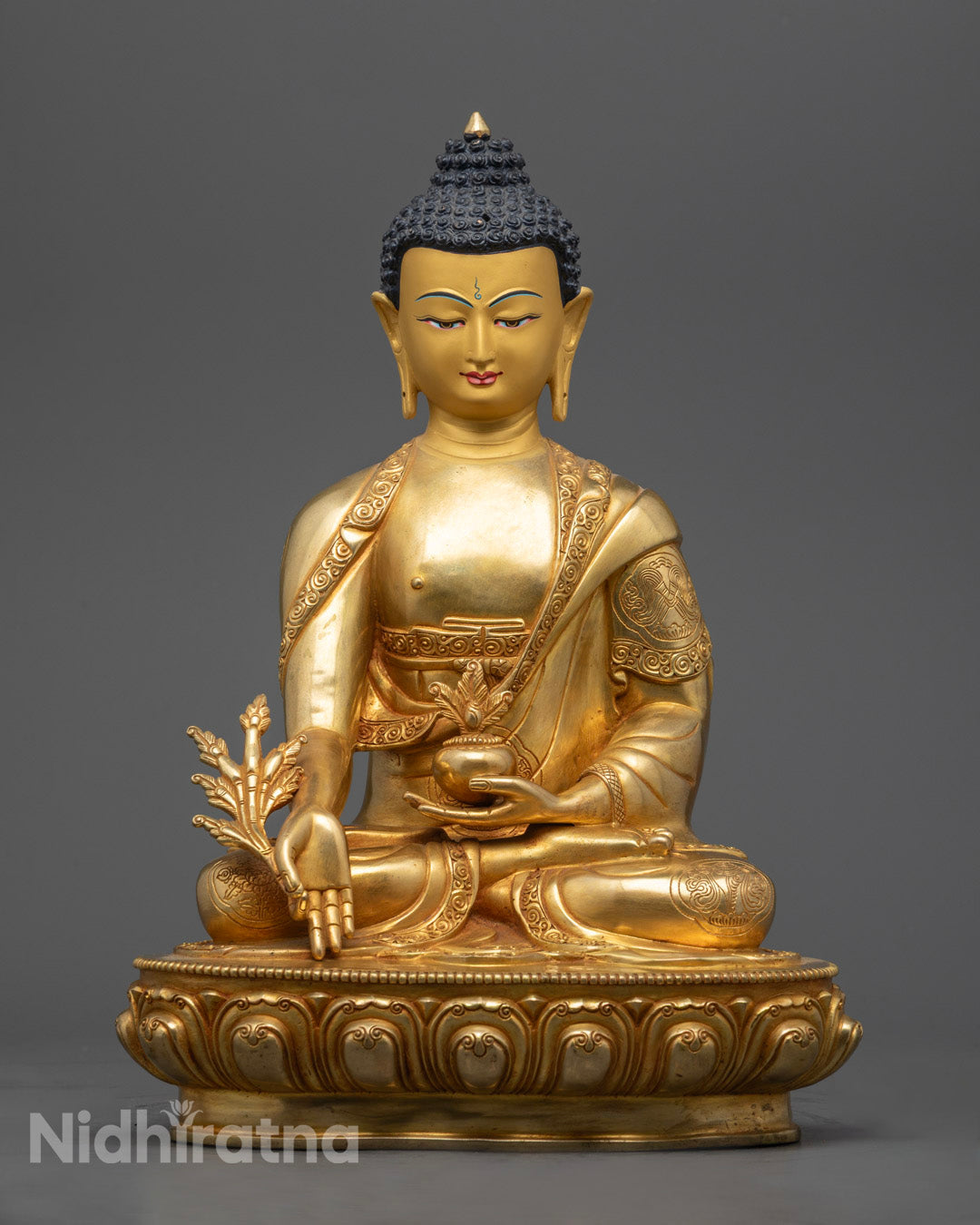 Hand-Carved Medicine Buddha Statue with Gold-Gilded Face and Fire-Gilded Body – Symbol of Healing and Inner Peace