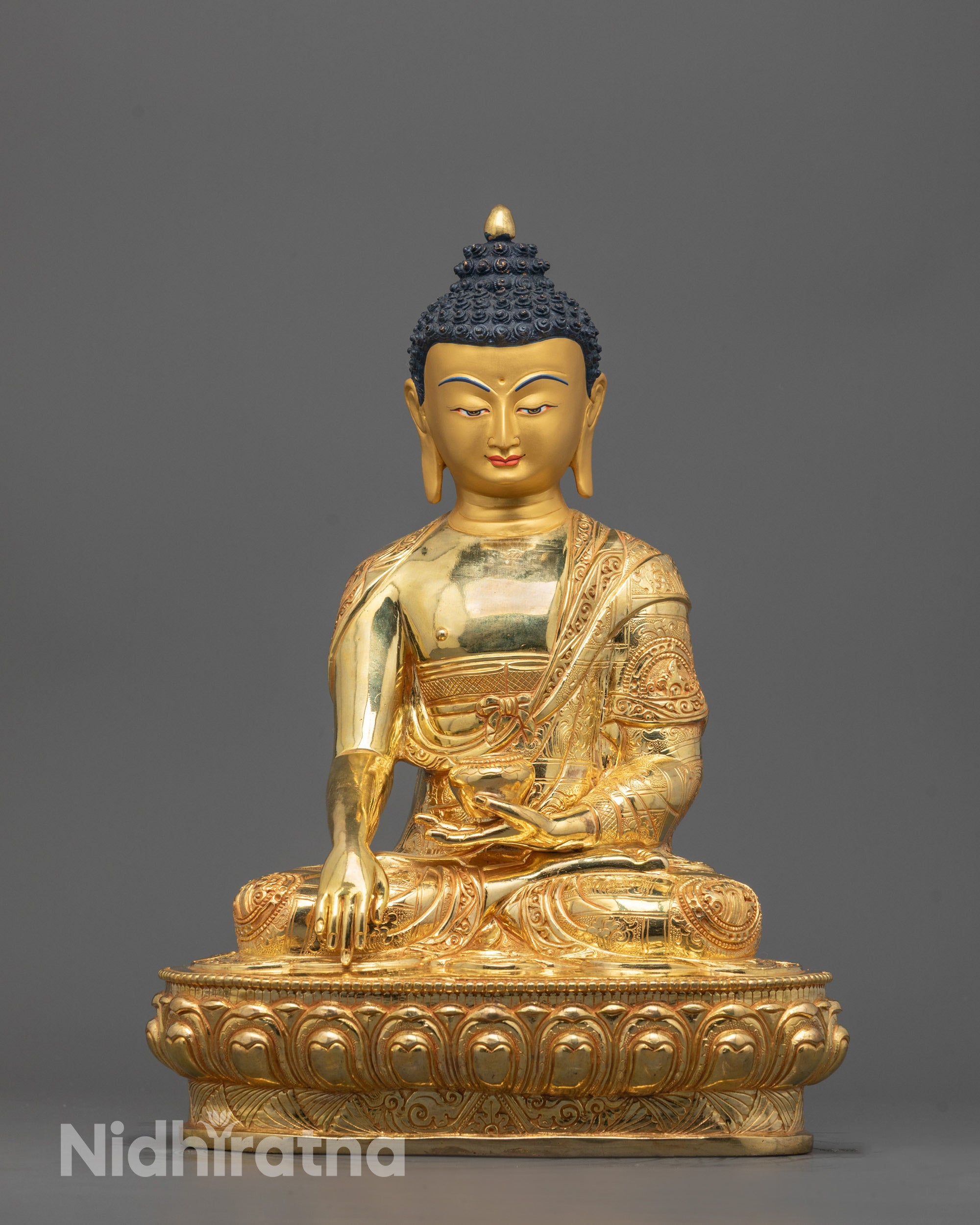 Hand-Carved Shakyamuni Buddha Statue with 24k Gold Face Gilding