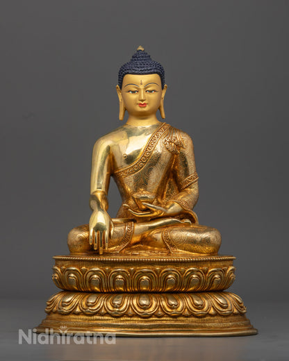 Hand-Carved Shakyamuni Buddha Statue with 24k Gold Fire-Gilding and Semi-Precious Stones from Nepal
