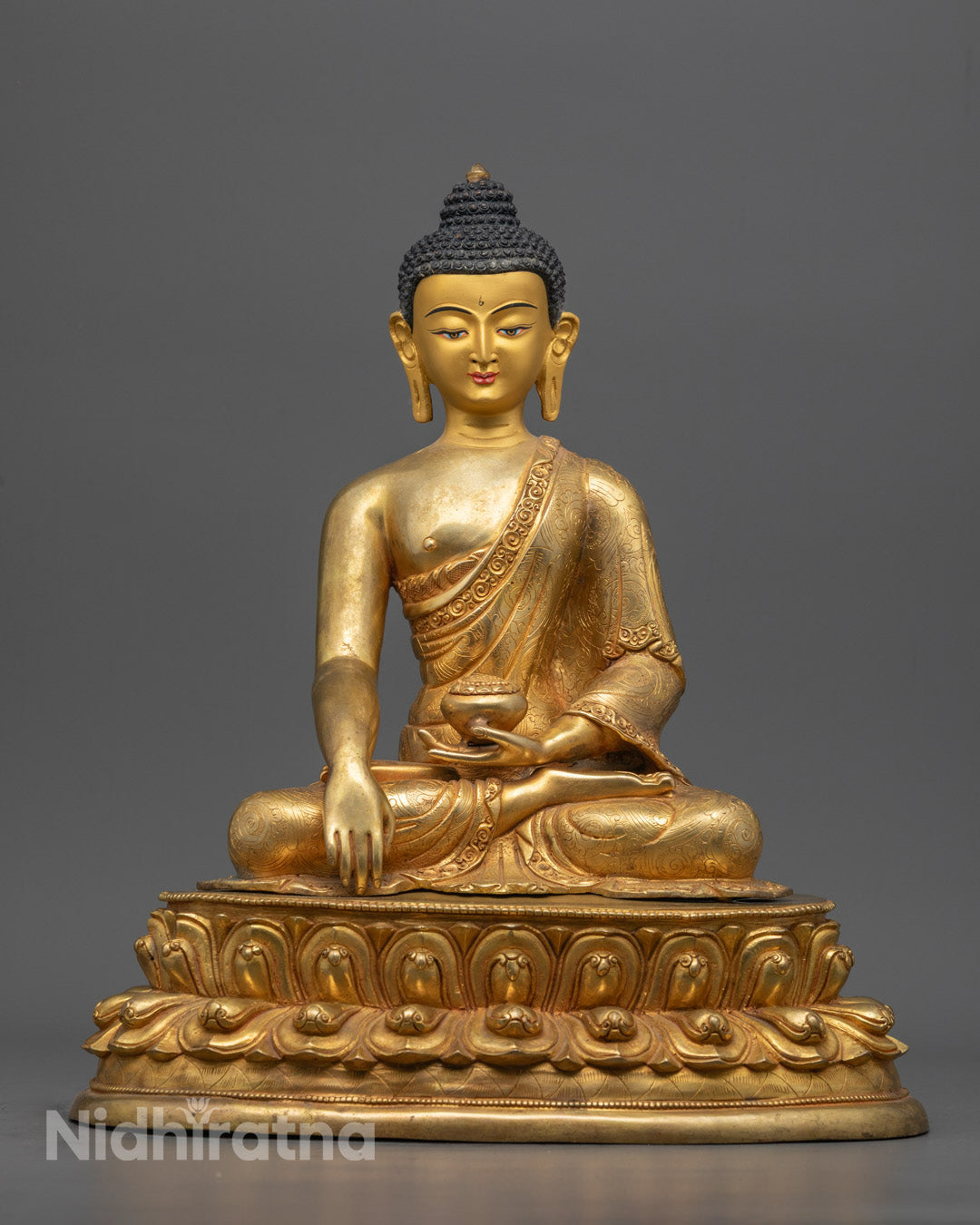 Hand-Carved Shakyamuni Buddha Statue with 24k Gold Gilding and Acrylic Detailing – Made in Nepal


