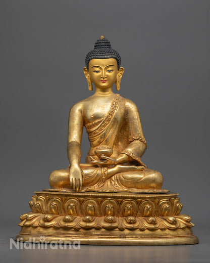 Hand-Carved Shakyamuni Buddha Statue with 24k Gold Gilding and Acrylic Detailing – Made in Nepal


